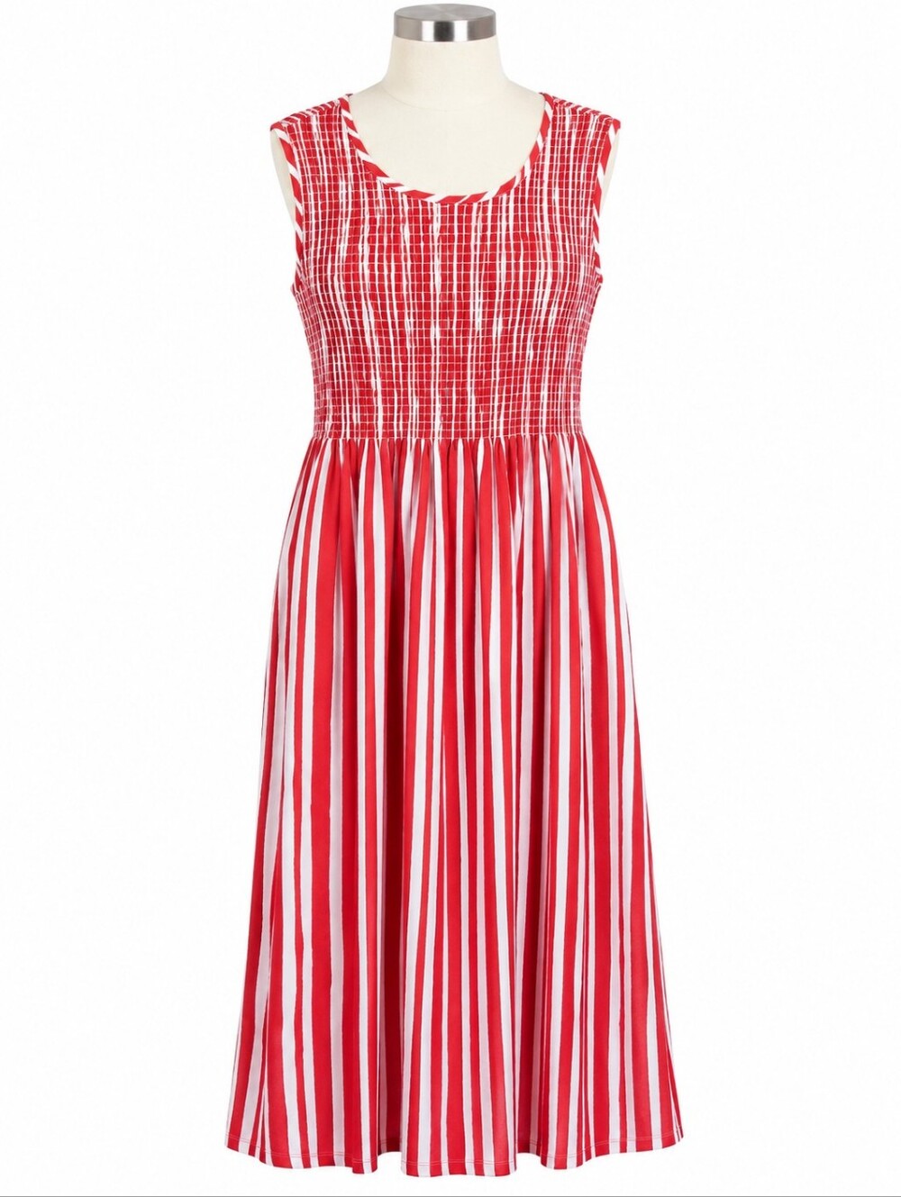 Vermont Country Store Womens Red White Striped Smocked Midi Sundress S Pockets